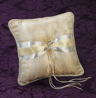 Gold Embroidered Silk Brocade Ring Pillow w/ Brooch